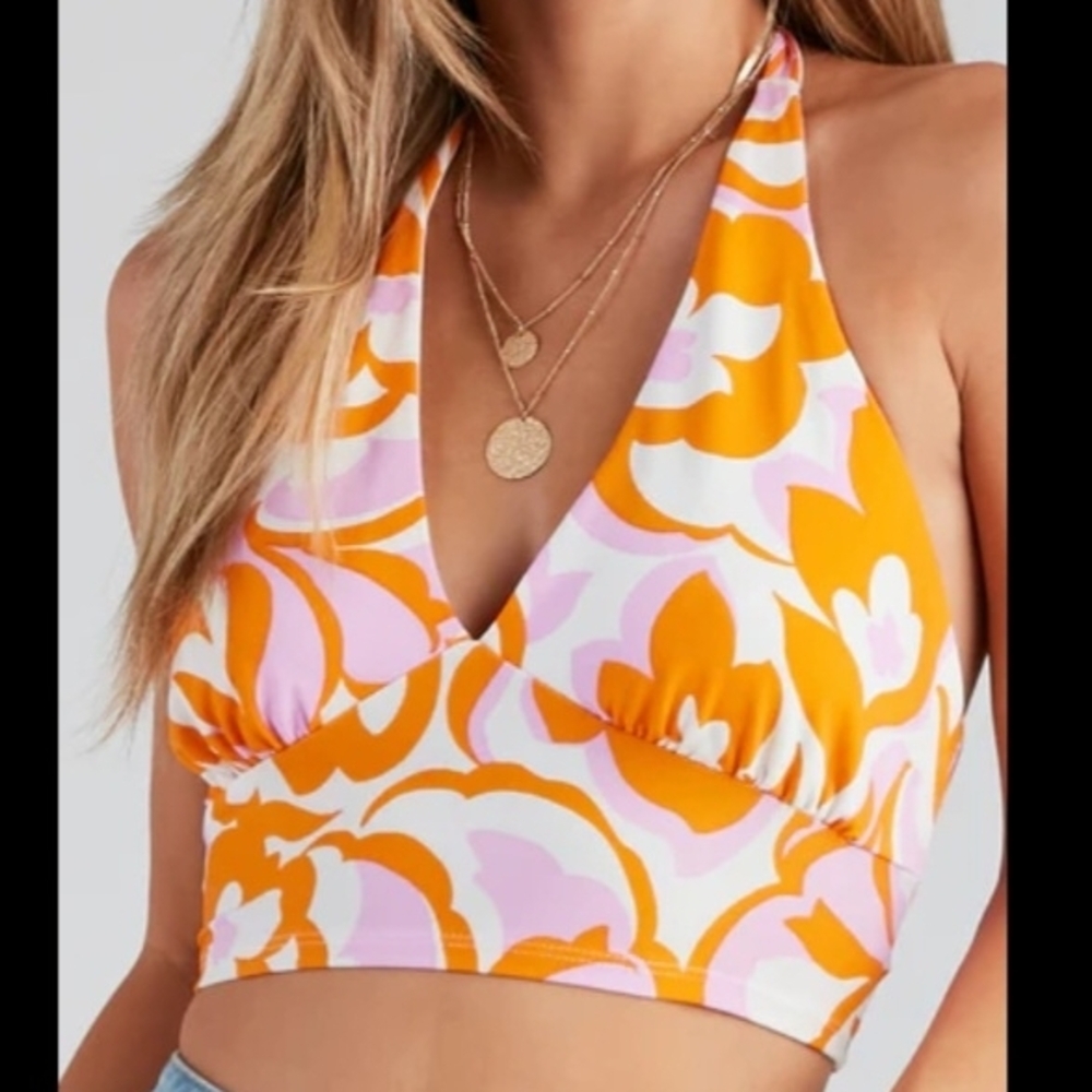 Cotton Candy Floral Halter Crop Top - Orange and Pink